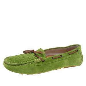 Pre Owned Bottega Veneta Green Intrecciato Suede Bow Slip on Loafers Size 41
