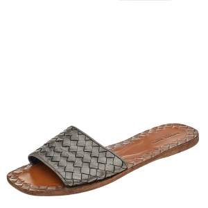 Pre Owned Bottega Veneta Metallic Intrecciato Leather Flat Slides Size 38