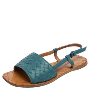 Pre Owned Bottega Veneta Blue Intreciatto Leather Slingback Sandals Size 35