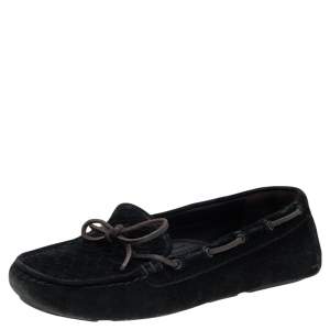 Bottega Veneta Black Intrecciato Suede Bow Slip On Loafers Size 38.5