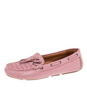 Pre Owned Bottega Veneta Pink Intrecciato Leather Bow Slip On Loafers Size 38