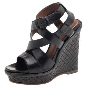 Bottega Veneta Black Leather Strappy Intrecciato Platform Wedge Sandals Size 36
