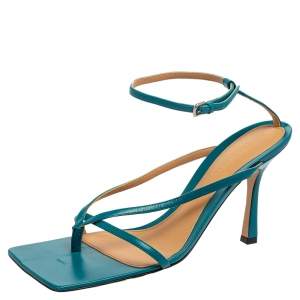 Pre Owned Bottega Veneta Turquoise Blue Leather Square-Toe Thong Ankle-Strap Sandals Size 39