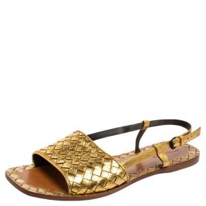 Pre Owned Bottega Veneta Gold Intrecciato Leather Calvados Slingback Flats Size 40