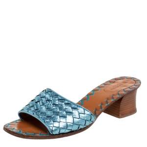 Pre Owned Bottega Veneta Metallic Blue Intrecciato Leather Slide  Sandals Size 38.5