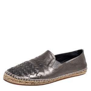 Pre Owned Bottega Veneta Metallic Dark Grey Intrecciato Leather Flat Espadrilles Size 39