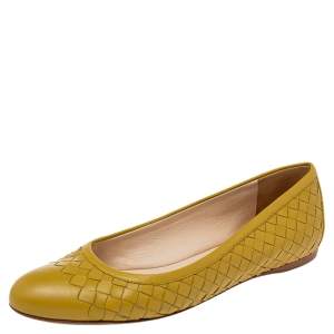Pre Owned Bottega Veneta Yellow Intrecciato Leather Peggy Ballet Flats Size 39