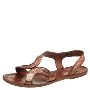 Pre Owned Bottega Veneta Metallic Brown Snakeskin Embossed Leather Flat Sandals Size 38.5