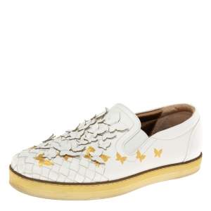 Bottega Veneta White Intrecciato Leather Butterfly Embellished Slip On Sneakers Size 38.5