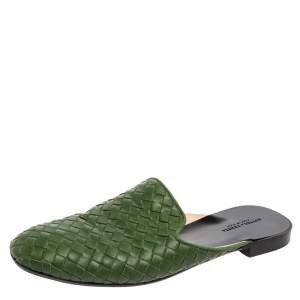 Pre Owned Bottega Veneta Green Intrecciato Leather Fiandra Flat Mules Size 38 