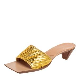 Pre Owned Bottega Veneta Gold Pleated Leather Slide Sandals Size 39