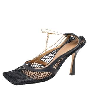 Pre Owned Bottega Veneta Black Mesh Chain Link Detail Square Toe Pumps Size 36.5