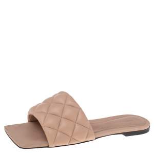 Pre Owned Bottega Veneta Beige Quilted Leather Lido Flat Sandals Size 37.5