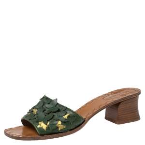 Pre Owned Bottega Veneta Green Intrecciato Leather Butterfly Applique Ravello Slide Sandals Size 39