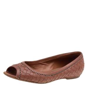 Pre Owned Bottega Veneta Brown Intrecciato Leather Peep Toe Ballet Flats Size 36