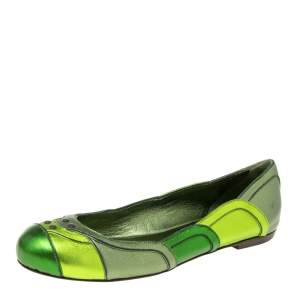Pre Owned Bottega Veneta Metallic Green Leather Ballet Flats Size 38