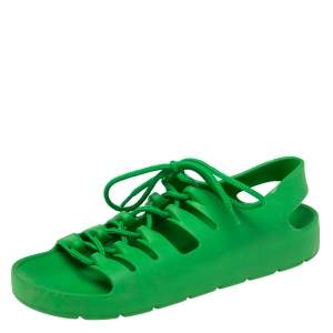 Pre Owned Bottega Veneta Green Rubber Lace Up Flat Sandals Size 39