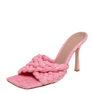 Pre Owned Bottega Veneta Pink Intrecciato Raffia Slide Sandals Size 39