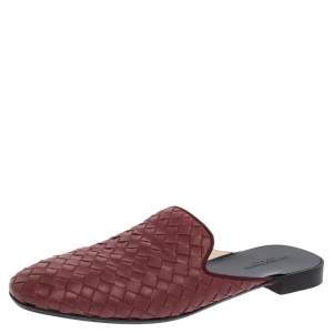 Pre Owned Bottega Veneta Burgundy Intrecciato Leather Fiandra Flat Mules Size 37.5