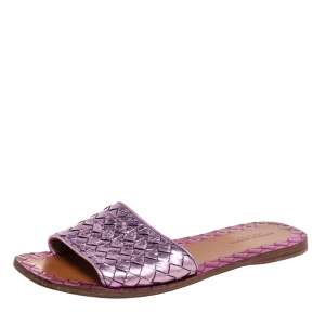 Pre Owned Bottega Vaneta Metallic Purple Intrecciato Leather Ravello Flat Sandals Size 36.5