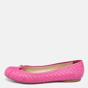 Pre Owned Bottega Veneta Pink Intrecciato Leather Bow Ballet Flats Size 37
