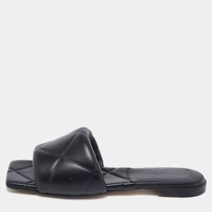 Pre Owned Bottega Veneta Black Quilted Leather Lido Flat Slides Size 37.5
