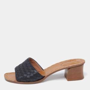 Pre Owned Bottega Veneta Black Intrecciato Leather Ravello Slide Sandals Size 39.5