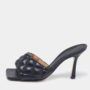 Pre Owned Bottega Veneta Black Leather Quilted Lido Slide Size 37.5 