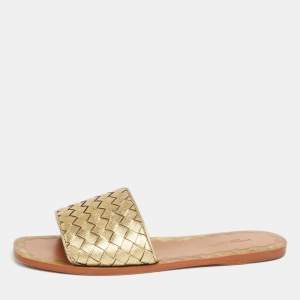 Pre Owned Bottega Veneta Gold Intrecciato Leather Flat Slides Size 37