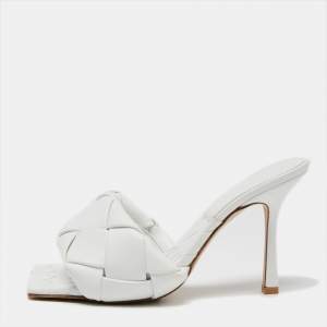 Pre Owned Bottega Veneta White Intrecciato Leather Lido Slide Sandals Size 38.5