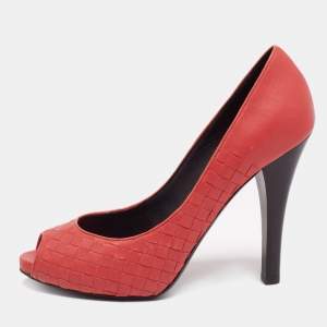 Bottega Veneta Orange Intrecciato Leather Peep Toe Platform Pumps Size 40