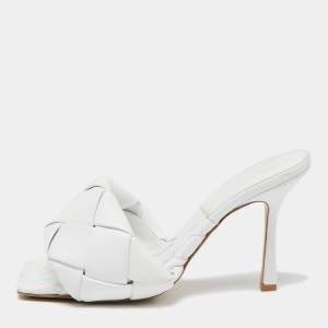 Pre Owned Bottega Veneta White Intrecciato Leather Lido Mules Size 38