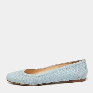 Pre Owned Bottega Veneta Blue Intrecciato Leather Ballet Flats Size 39