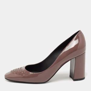 Pre Owned Bottega Veneta Mauve Purple Patent Leather Intrecciato Detail Block Heel Pumps Size 38.5