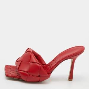 Pre Owned Bottega Veneta Red Intrecciato Leather Square Toe Slide Sandals Size 39