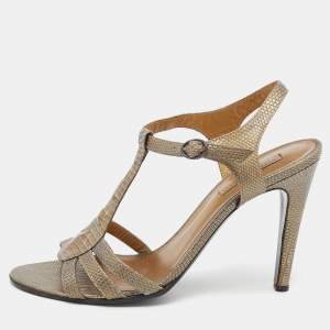 Pre Owned Bottega Veneta Grey/Gold Leather Ankle Strap Sandals Size 39