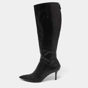 Pre Owned Bottega Veneta Black Leather Intrecciato Detail Knee High Boots Size 38