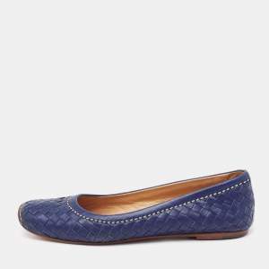 Pre Owned Bottega Veneta Indigo Blue Intrecciato Leather Ballet Flats  Size 39.5