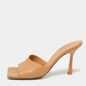 Pre Owned Bottega Veneta Brown Leather Square Toe Slide Sandals Size 36