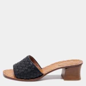 Pre Owned Bottega Veneta Black Intrecciato Leather Slide Sandals Size 38