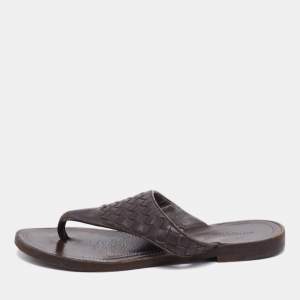 Pre Owned Bottega Veneta Dark Brown Intrecciato Leather Thong Flats Size 36
