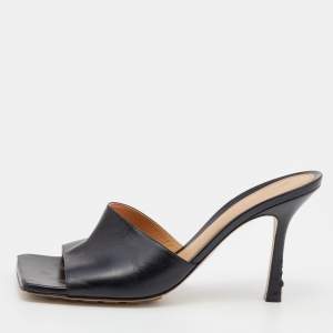 Pre Owned Bottega Veneta Black Leather Slide Sandals Size 39