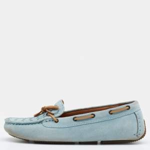 Bottega Veneta Blue Intrecciato Suede Bow Slip On Loafers Size 36
