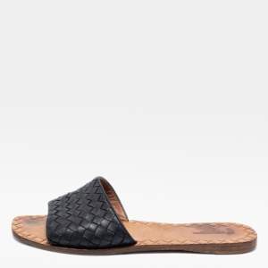 Pre Owned Bottega Veneta Black Intrecciato Leather Flat Slides Size 40