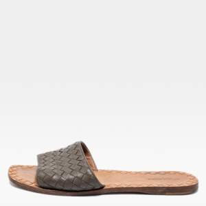Pre Owned Bottega Veneta Brown Intrecciato Leather Flat Slides Size 40