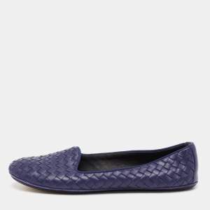 Pre Owned Bottega Veneta Blue Intrecciato Leather Smoking Slippers Size 40