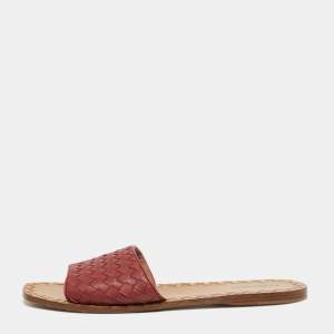 Pre Owned Bottega Veneta Burgundy Intreciatto Leather Slip On Slide Size 41