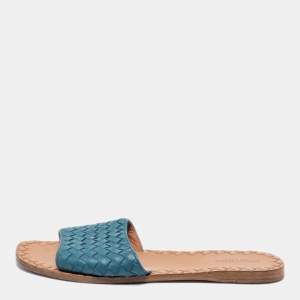 Pre Owned Bottega Veneta Blue Intreciatto Leather Slip On Slide Size 41