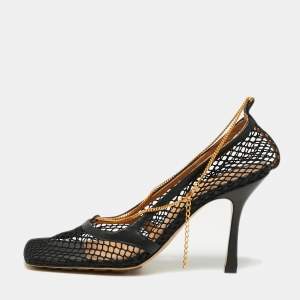 Pre Owned Bottega Veneta Black Mesh And Leather Square Toe Pumps Size 39.5