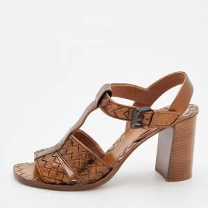 Pre Owned Bottega Veneta Metallic Bronze Intrecciato Leather Block Heel Sandals Size 38.5